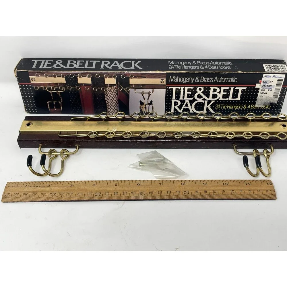 Vintage Y2K Swank SWING-A-WAY BRASS 24-Tie/4-Belt Rack Wood 15
